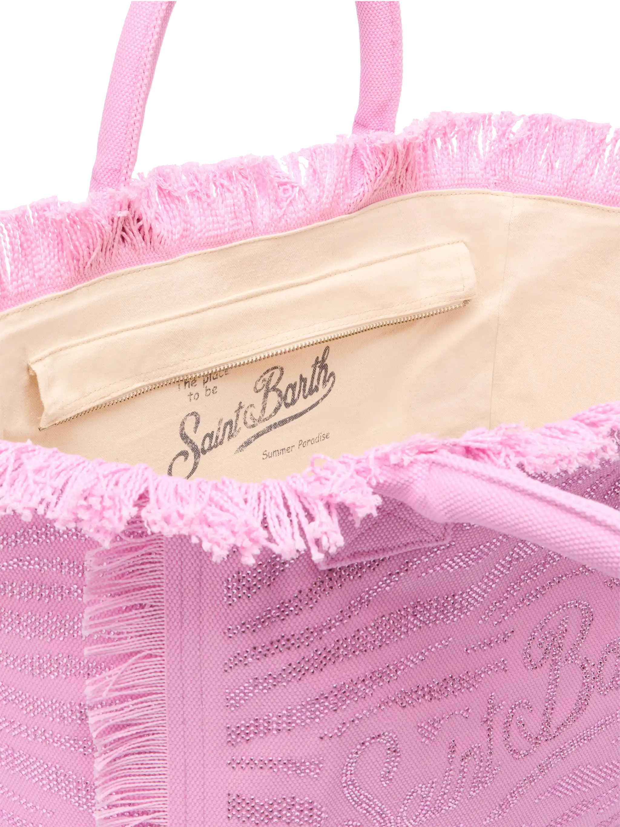 Bolsa tiracolo estilo vanity em lona de algodão rosa com detalhes em strass.