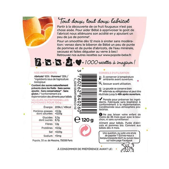 Popote Les Fruits Abrikozen Zakje +4m Biologisch 120g