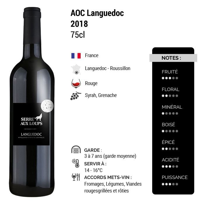 Serre aux Loups Languedoc 2018 - Vino Tinto de Languedoc-Rosellón (6x75cl)