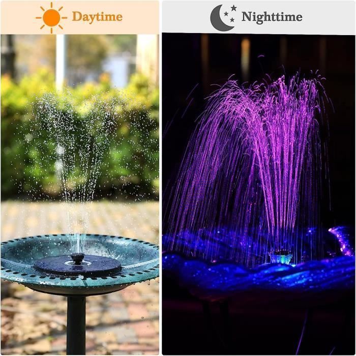 AMZtime Solar-Gartenbrunnen mit farbigem LED-Wasserfall, 5,5 W – 7 Düsen, Solarpumpe für Teiche