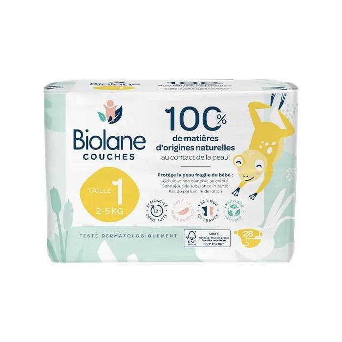 Biolane - Couches Naturelles Taille 1 - Ultra-Absorbant, Pas de Fuite  - 28 unités