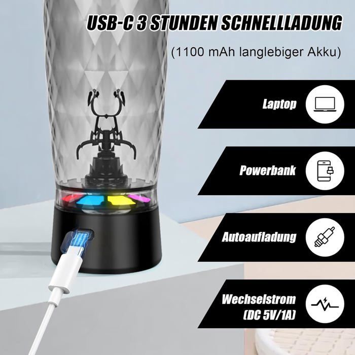 Shaker-Fitness-Shake cup-Shaker cup électrique-Shaker protéiné électrique avec compartiment à poudre-650 ml-Pour poudres-Noir