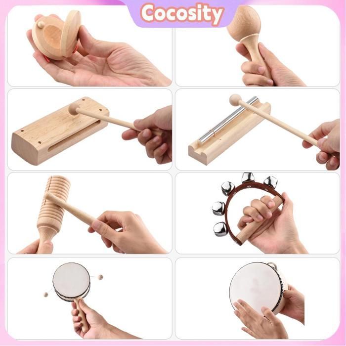 Juego de instrumentos musicales de percusión para niños Cocosity, color madera, 13 piezas