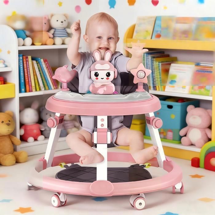 Andador multifuncional para bebé FLASIDU - Con disco musical - 6-18 meses - 7 alturas ajustables - Rosa - Altura 52 cm