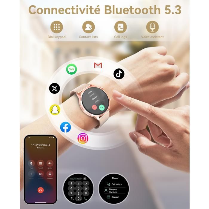 Sportieve smartwatch voor dames, heren en kinderen - IP68 waterdicht - 3,5 cm scherm, Bluetooth - Compatibel met Android, iOS, iPhone en Samsung - Roségoud