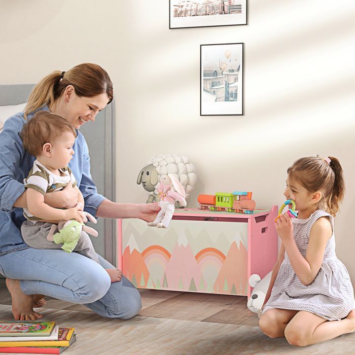 Coffre à jouet enfant - coffre de rangement enfant - ZONEKIZ - couvercle rabattable, motif de forêt - 60 x 37 x 39 cm - vert
