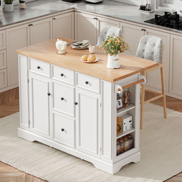 Îlot de cuisine moderne avec plan de travail rabattable, buffet de salon, équipé de prises électriques et d'étagères réglable, blanc