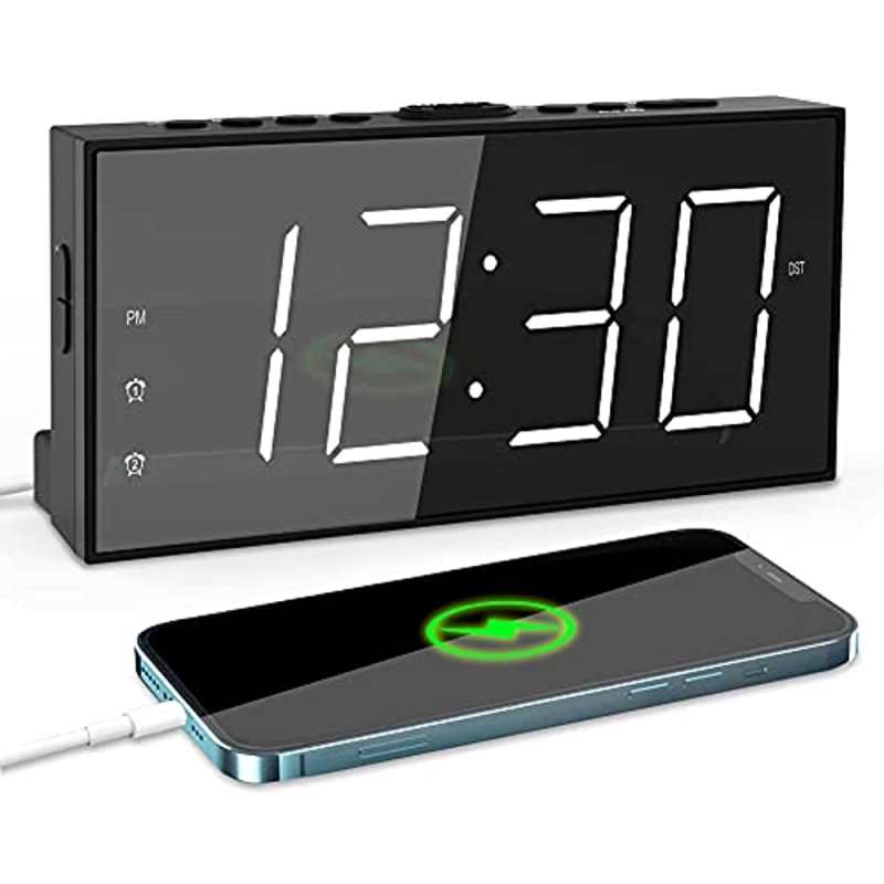 Klok met groot display, elektrische luide dubbele wekker voor diepe slapers, tieners en ouderen, slaapkamerklok met grote cijfers en USB-poort, handige nachtklok met dimmer, batterijback-up, snooze-functie, 12/24-uurs weergave en zomertijd.
