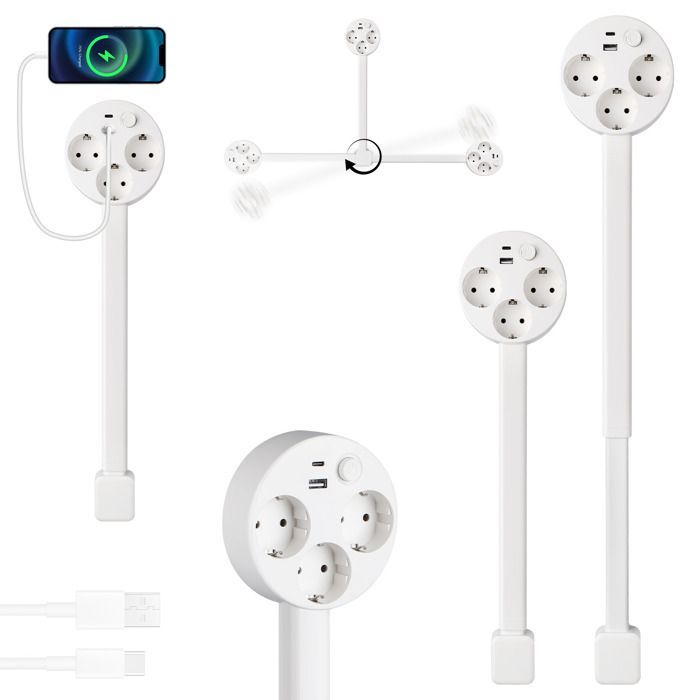 Multiprise avec 3 Prises, USB-C et USB-A, 47-67 cm Câble Extensible, Multiprises avec Interrupteur, Murale, pour Bureau, Bureau