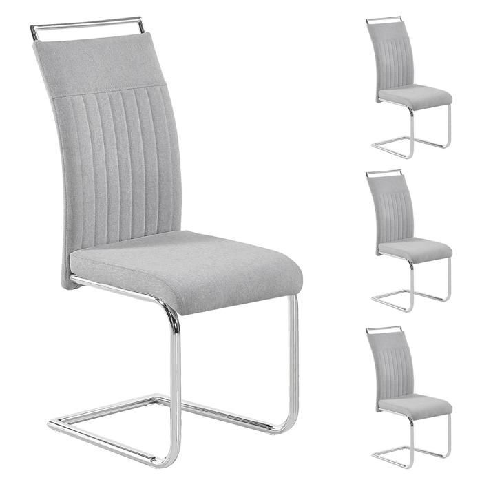 Lot de 4 chaises de salle à manger ou cuisine ERICA avec assise rembourrée poignée et piètement chromé, revêtement tissu gris clair
