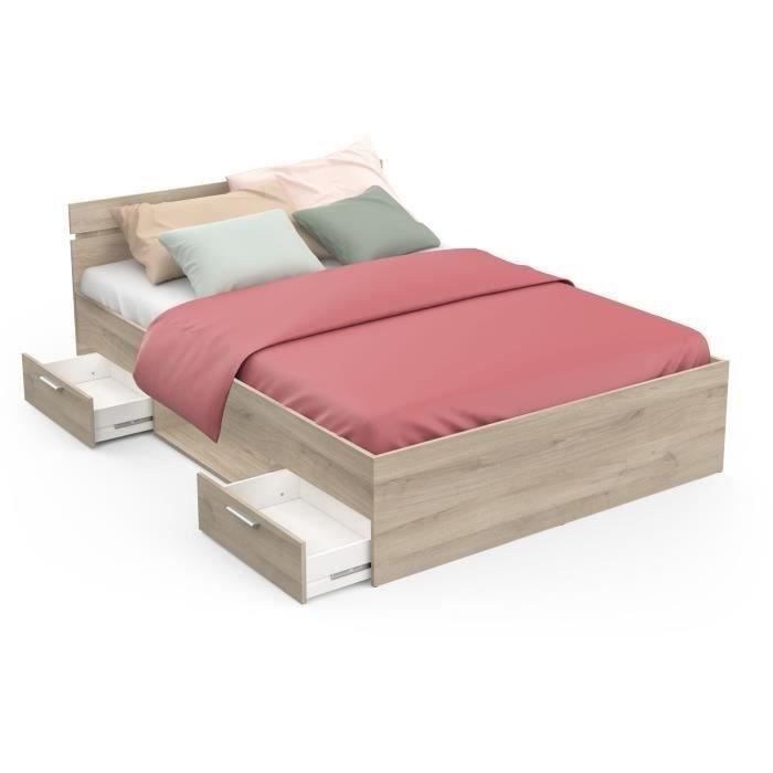 Cama para adultos - MICHIGAN - 140 x 200 cm - 2 cajones / 1 nicho - Roble Kronberg - DEMEYERE