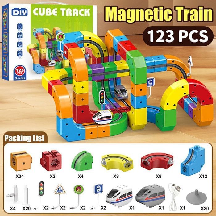 Pista flexible para coches, 123 piezas, juego de tren eléctrico recargable, pista modular magnética para armar, con bucle de 360°, rampas y montaje.