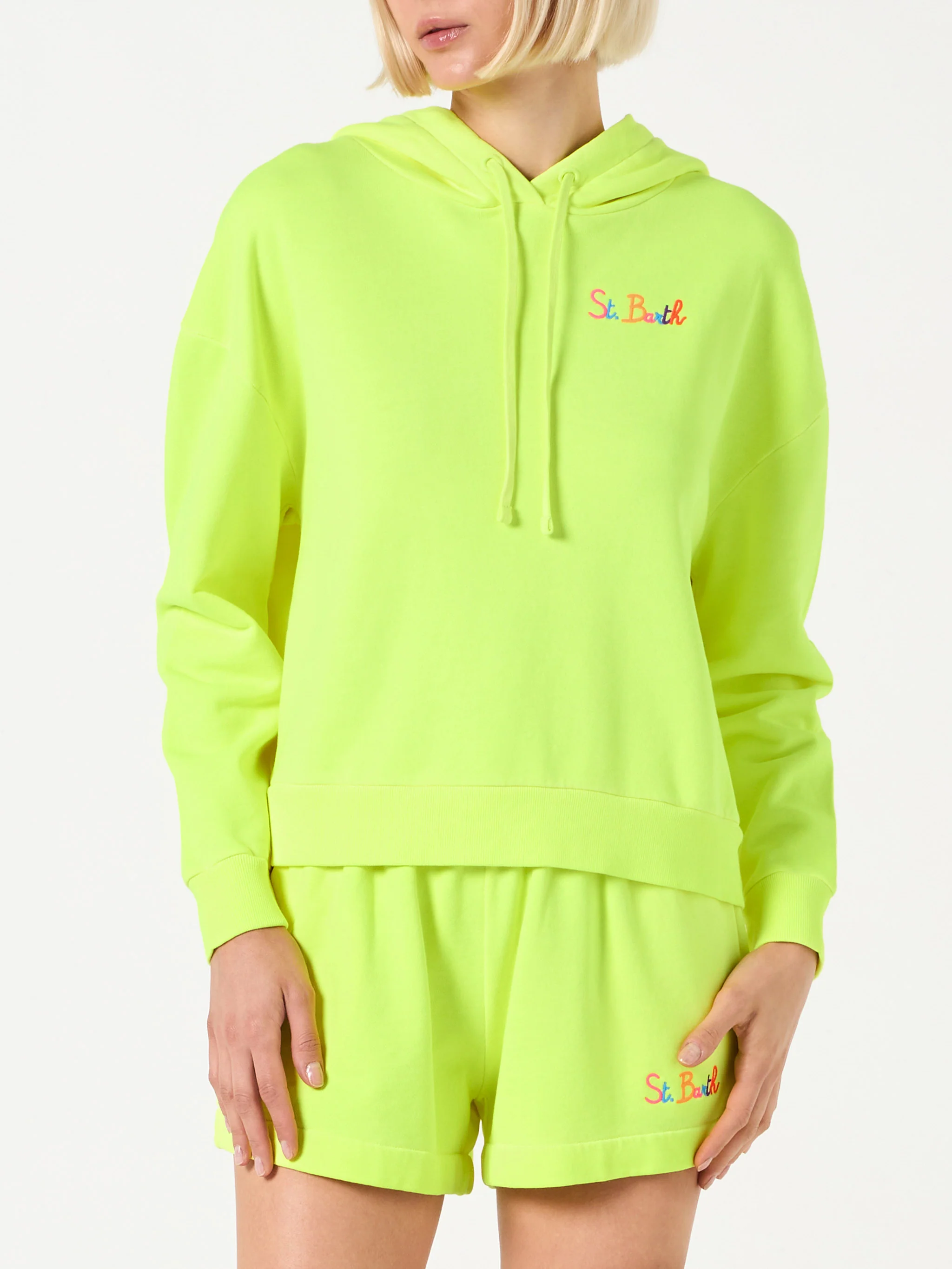 Felpa giallo fluo con cappuccio con ricamo St. Barth