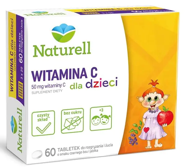 Naturell, Witamina C dla dzieci, 50mg, Tabletki do rozgryzania i żucia, Smak czarnego bzu i jabłka