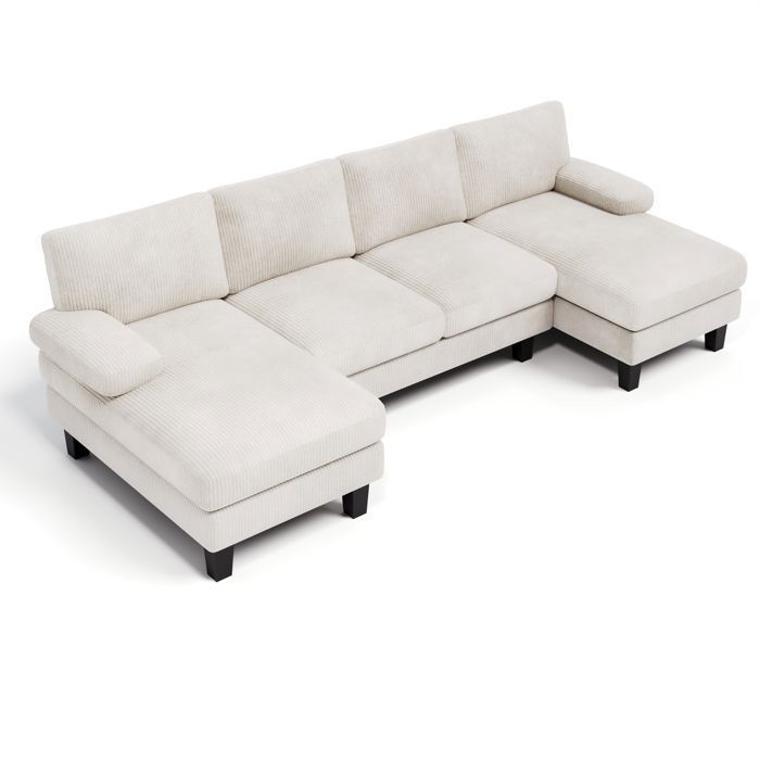 Divano angolare panoramico - Bealife - 4 posti - Forma a U - Velluto a coste - 2 chaise longue - Stile scandinavo - Beige