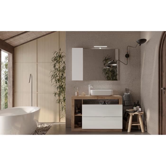 Bathroom vanity unit 110cm with single sink + tall cabinet - Light oak and white lacquer finish - HAMBURG