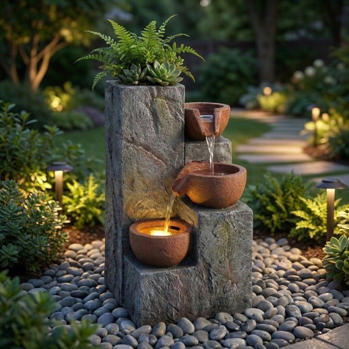 Freistehender Gartenbrunnen im Antik-Stil, grau, 3 Becken mit fließendem Wasser, 230 V, Dekoration für Terrasse und Balkon, 27 x 26 x 31 cm