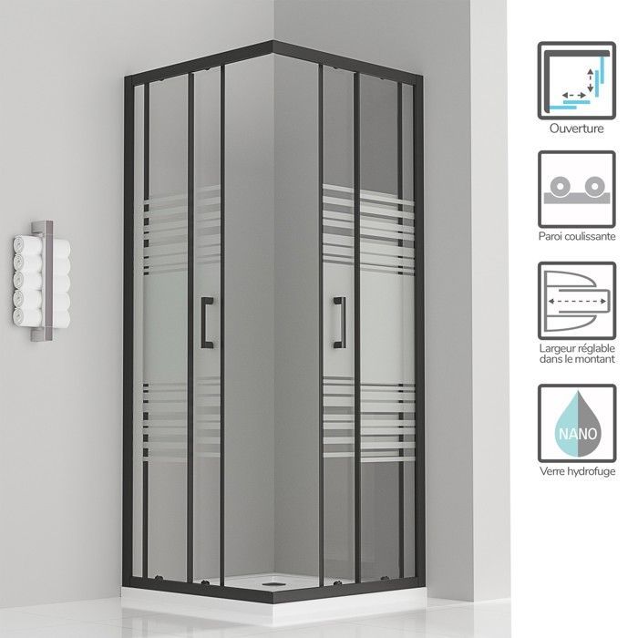 Cabina de duche LANABLACK, altura 190 cm, porta de correr, dimensões 90 x 90 cm, vidro semitransparente.