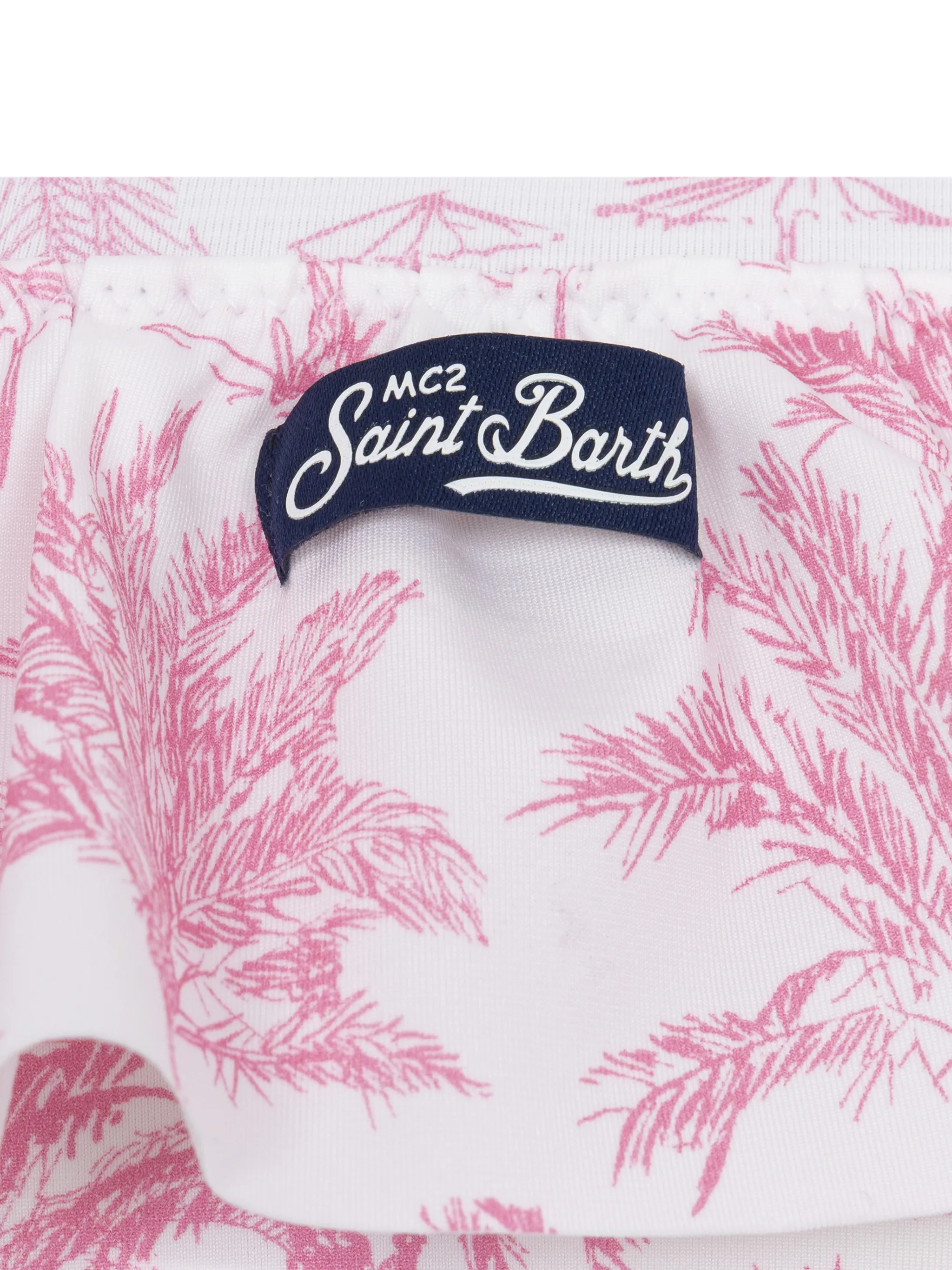 King bikini met één schouder, ruches en Toile de Jouy-print