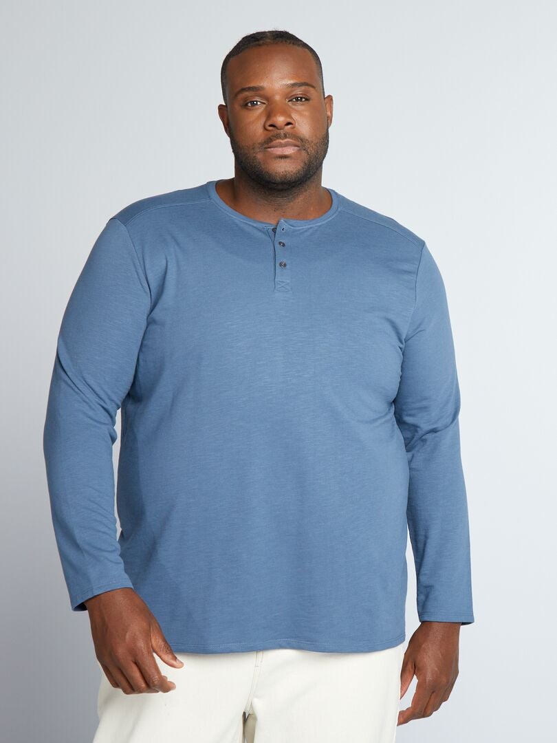 Camiseta de manga comprida com gola henley - AZUL