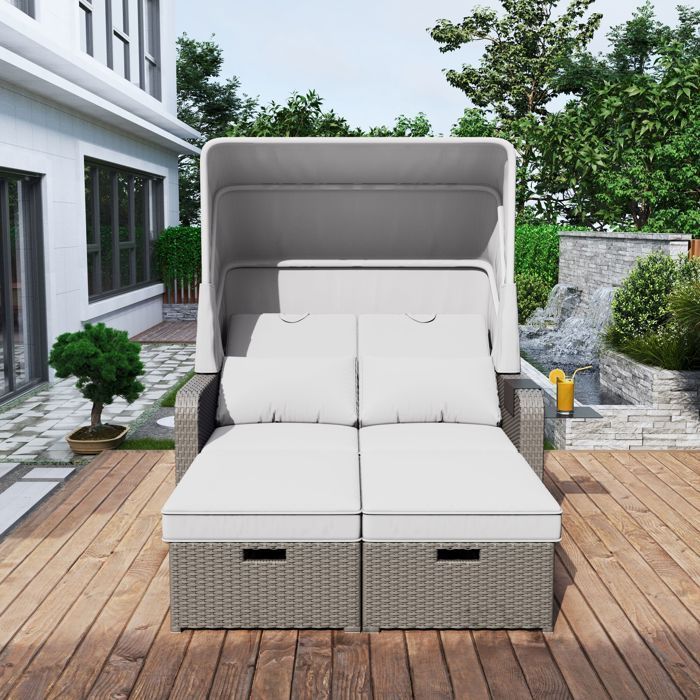 Conjunto de muebles de jardín extensible: sofá de ratán sintético con toldo ajustable, estructura de acero, color topo.