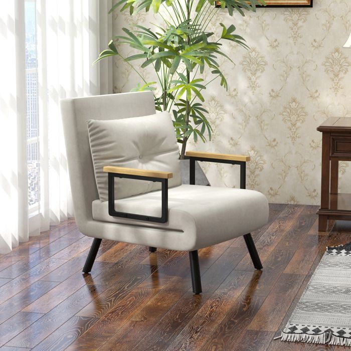 Fauteuil convertible HOMCOM 4 en 1 chauffeuse lit 1 place dossier réglable accoudoirs en bois et coussin, tissu effet velours crème