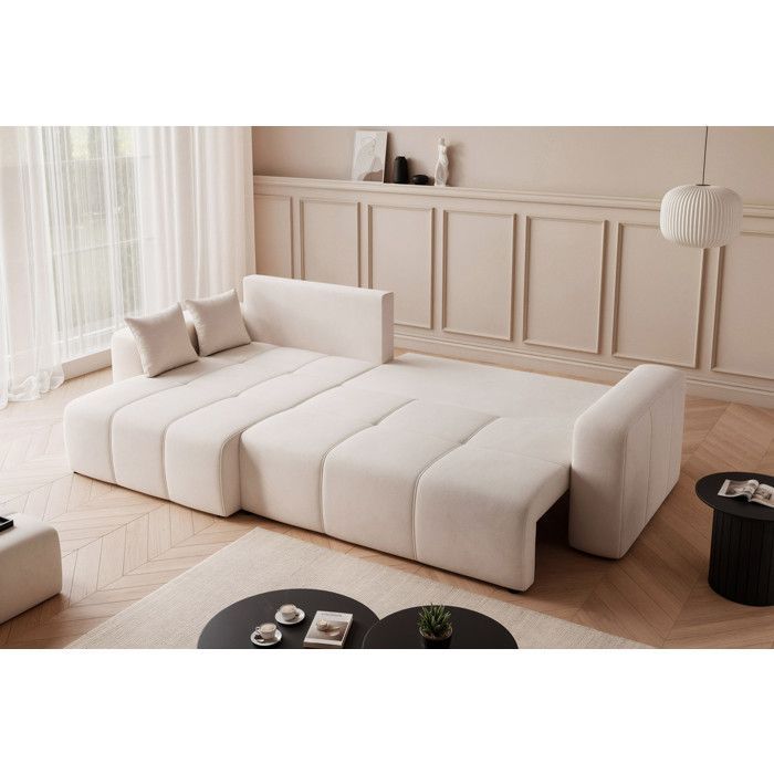 Canapé d angle Idohome PEDRO 278x145 cm Tissu Manila Crème convertible avec coffre