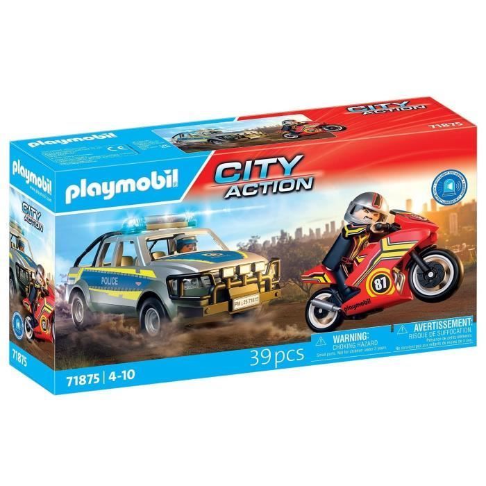 Playmobil 71875 Pickup della polizia, moto e 2 personaggi, agenti di polizia, azione in città, 39 pezzi, età 4+