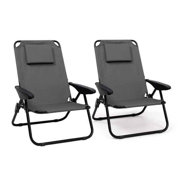 IDMARKET Lot de 2 chaises de plage pliantes - fauteuils de jardin inclinables sac à dos gris anthracite et toile grise