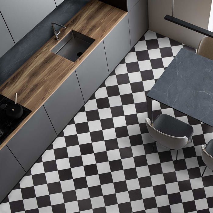 Revestimento de PVC Atlantic Damier preto e branco, extra resistente à abrasão, 100 x 200 cm