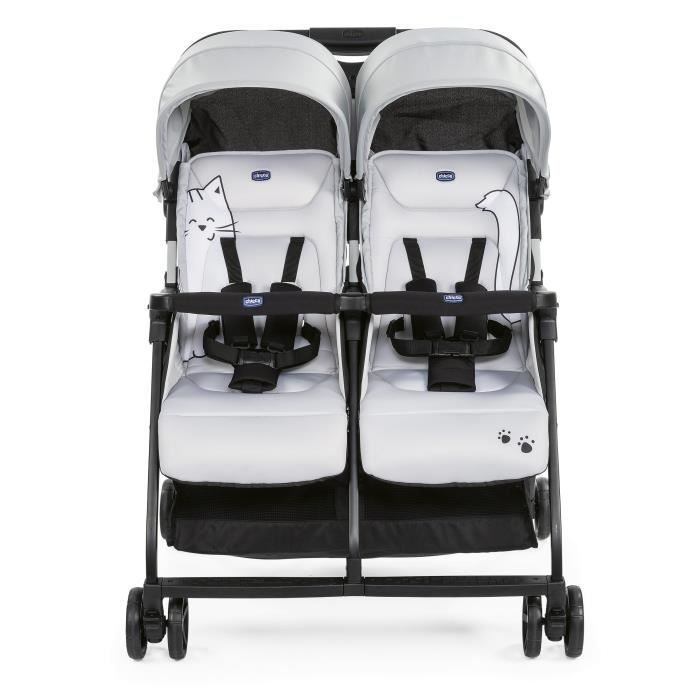 CHICCO Poussette double compacte Ohlala Twin - Dès la naissance - Jusqu'à 15kg - 78 cm de large - Arceau de sécurité - Silver cat