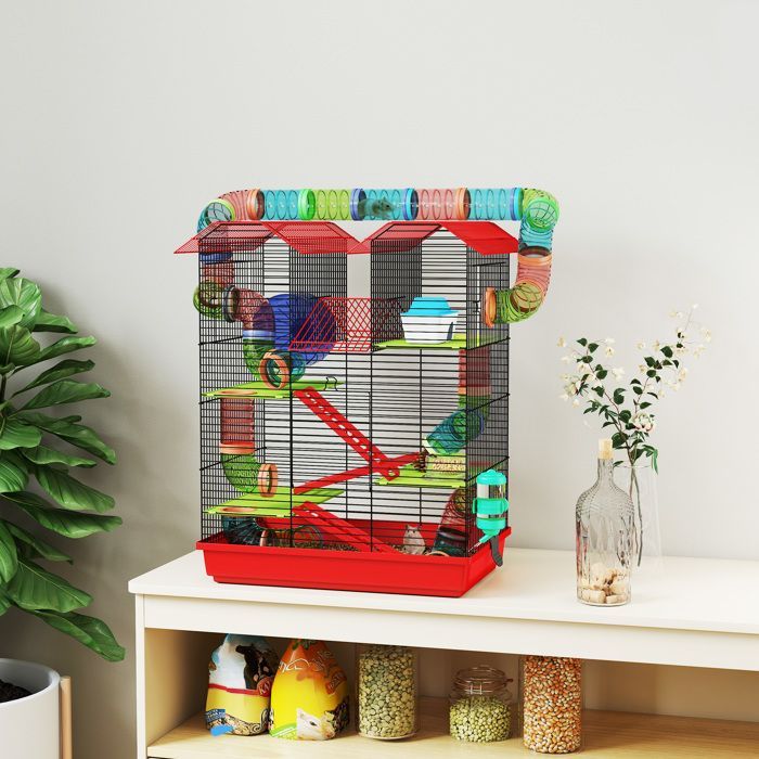 Gabbia per criceti - PawHut - con tunnel, mangiatoia, ruota e giocattolo - per topi e piccoli roditori - 47 x 30 x 59 cm - rossa
