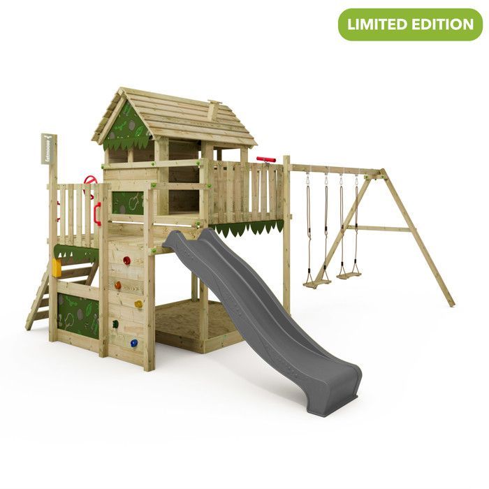 Torre de juegos de madera FATMOOSE MightyMansion Move XXL con casa sobre pilotes, tobogán antracita de 220 cm y columpio doble.