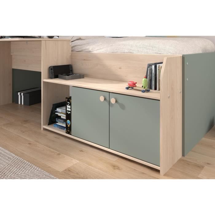 Letto combinato per bambini JADE 90x190/200 cm - Rovere / Verde celadon - Scrivania e contenitore - PARISOT