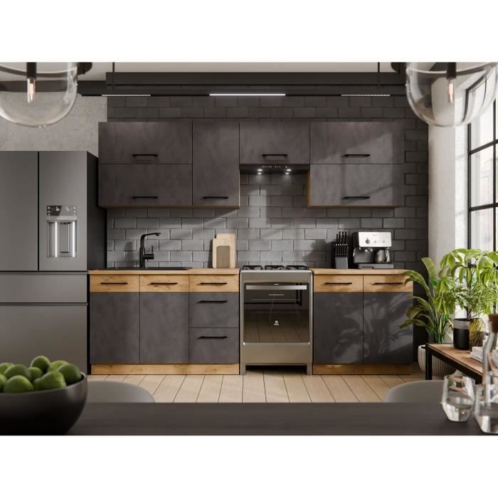 ROCK 7-delige complete keuken - Lancelot eikenhout en Matera grijs afwerking - B260 x D52 x H82 cm - Werkblad niet inbegrepen