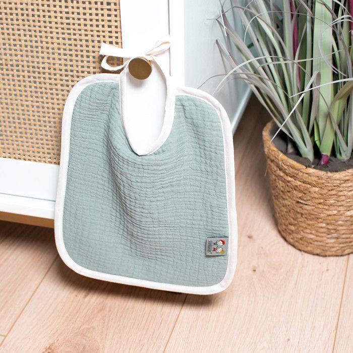 Sevira Kids | Bavaglino Jeanne in garza di cotone con laccetti - Grigio e verde - Neonato - Prodotto in Francia