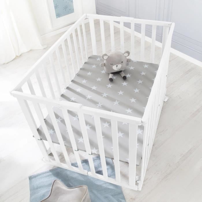 Parque infantil plegable ROBA - LITTLE STARS - 75 x 100 cm - Altura regulable - 4 ruedas con freno - Madera lacada en blanco - Estampado de estrellas