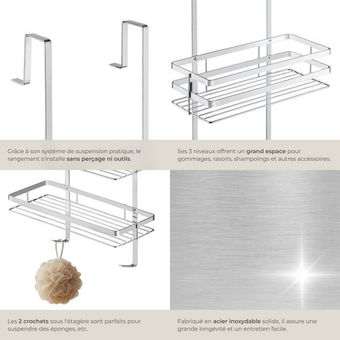 Accesorio de baño - TECTAKE - Estante de ducha con 3 baldas colgantes - Plateado