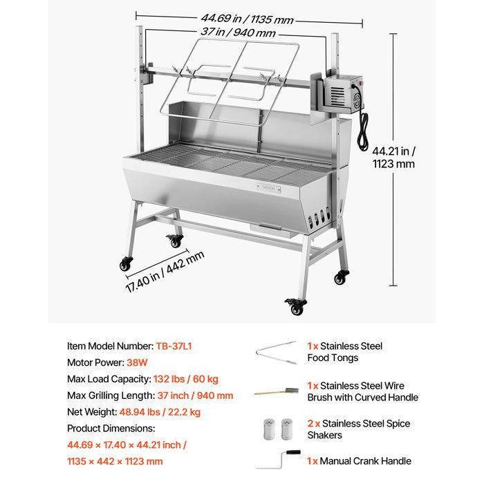 Barbecue a carbone VEVOR con girarrosto elettrico - 38W - Girarrosto a carbone - Capacità di carico 60 kg
