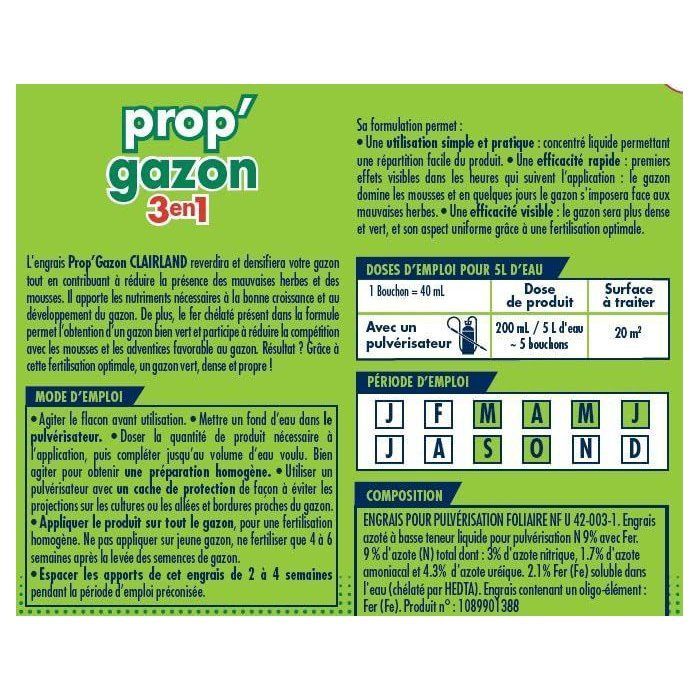 CLAIRLAND Engrais gazon Liquide -  Prop'Gazon - 3 en 1 - Concentré - 2,5 L