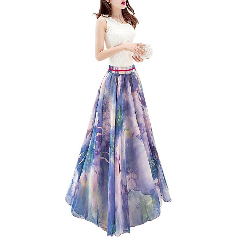 Gonna lunga estiva da spiaggia in chiffon con stampa floreale, copricostume da donna.