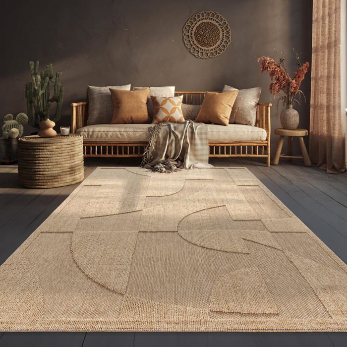 Alfombra de exterior resistente a la intemperie - Paco Home - 80x150 cm - Beige - Estampado geométrico - Altura del pelo: 7 mm