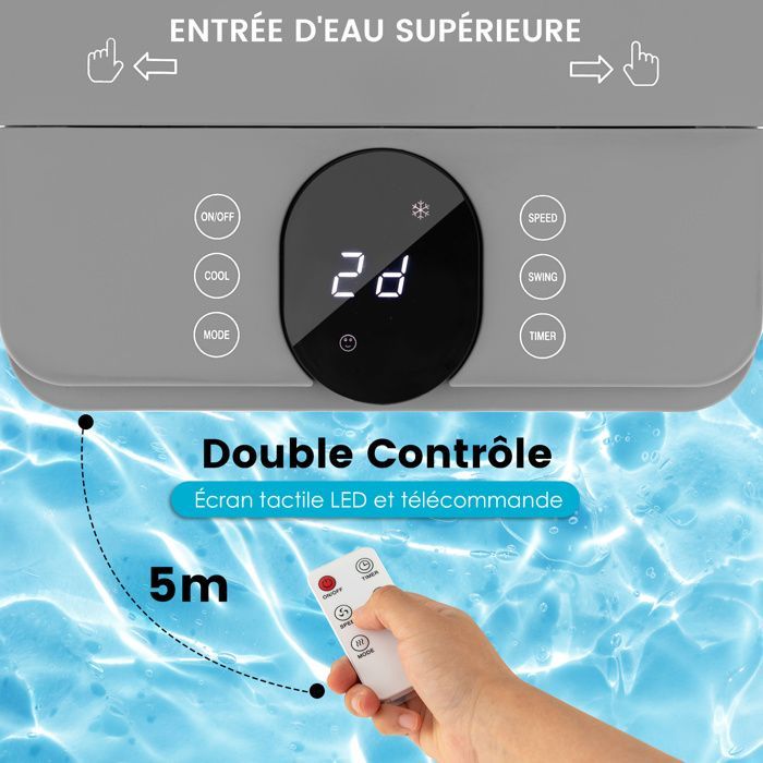COSTWAY 4-i-1 bærbar klimaanlæg 60W - Dobbelt 2,8L tank - Fjernbetjening, LED touchskærm - 12 timer - 60° oscillation - 3 ventilatorhastigheder - Grå
