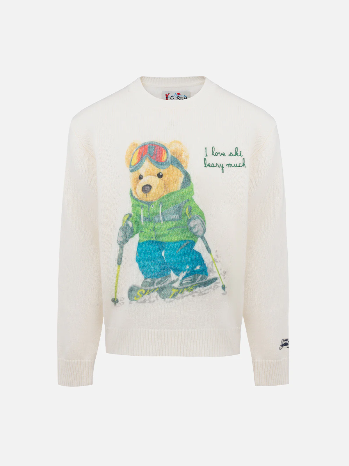 Witte Douglas jongenstrui met ronde hals en 'I Love Ski Bea'-borduurwerk.