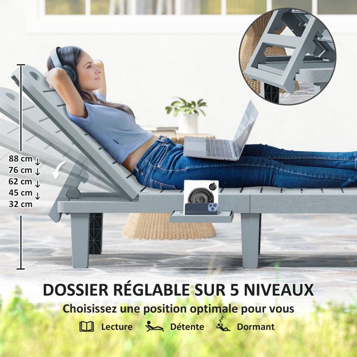 Set di 2 lettini prendisole - Outsunny - reclinabili - con piattaforme retrattili - superficie effetto legno - 62 x 158 x 88 cm - grigio