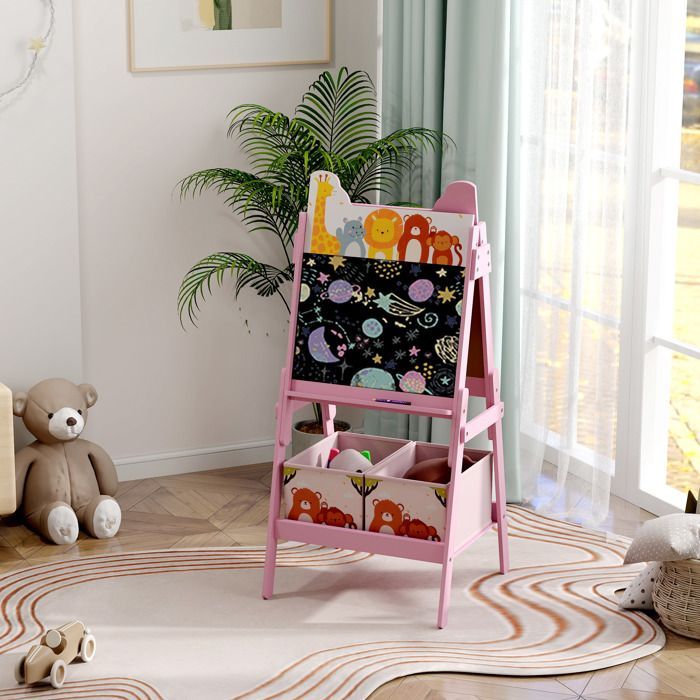 Tableau enfant - AIYAPLAY - 2 en 1 double face tableau noir et blanc - avec 2 boîtes de rangement - pour enfants 3 - 8 ans - rose