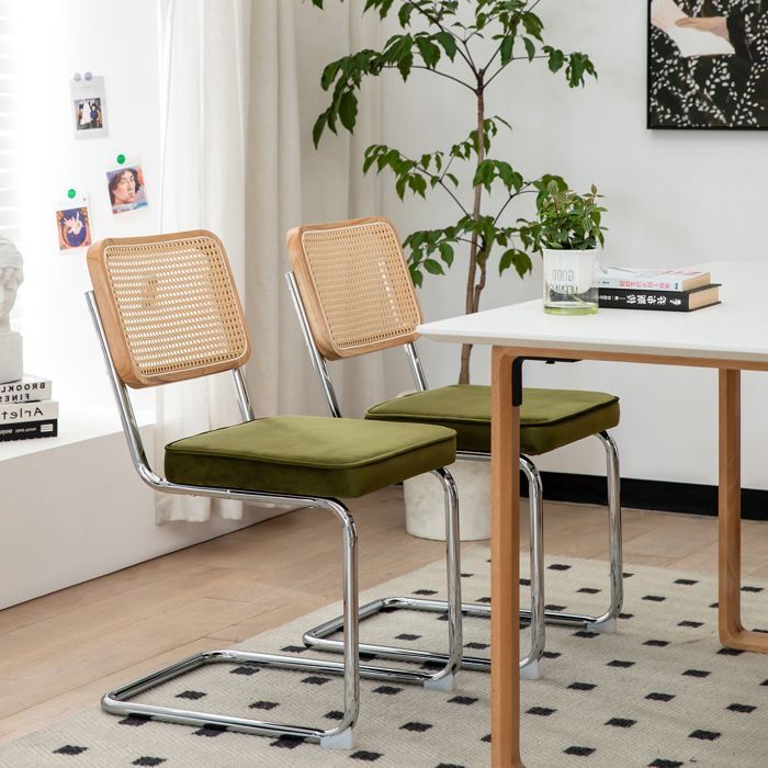 Lot de 2 Chaises Salle à Manger Vert – Velours/Rotin – Piètement Chrome – Style Breuer – 53x46x85 cm