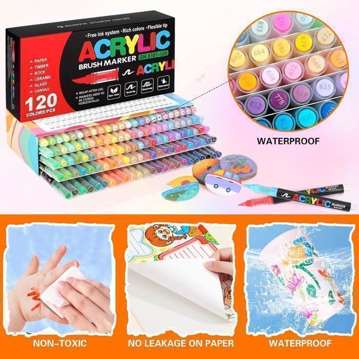 Set van 120 kleuren acrylverf voor het beschilderen van stenen, acrylverfmarkers voor glas, hout, steen en keramiek.