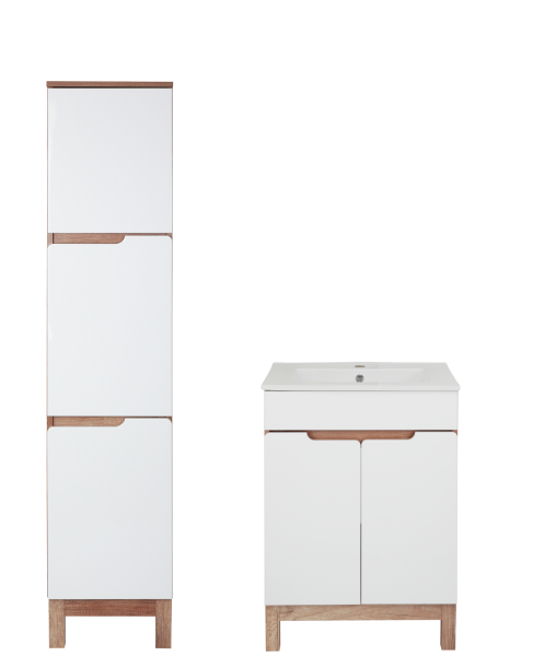 Biały Zestaw Łazienkowy 60cm  Szafka z Umywalką 60cm Słupek Biały / Dąb