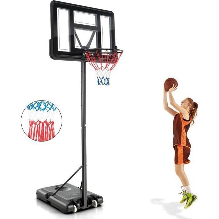 Aro de baloncesto independiente COSTWAY, altura ajustable de 130 a 305 cm, 12 niveles, con ruedas, móvil, 2 redes, base con peso.